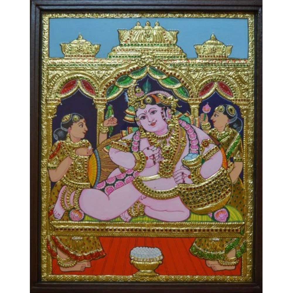 Traditional Handmade Gorgeous Thanjavur Painting Of God Krishna Eating Butter For Wall Decoration